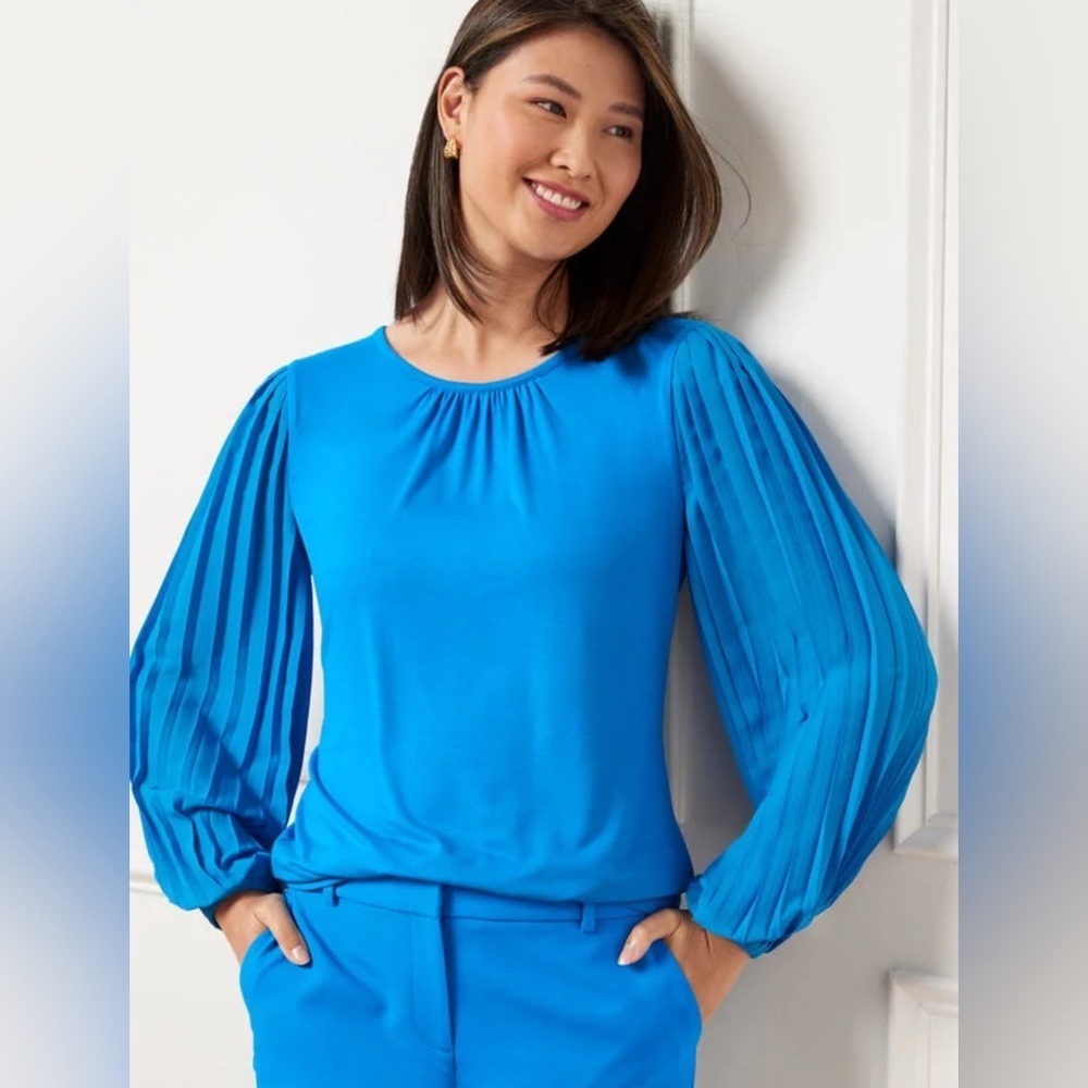 Talbots Pleated Long Sleeve Crewneck Top Blue Blouse Sz L Casual Office Femenine